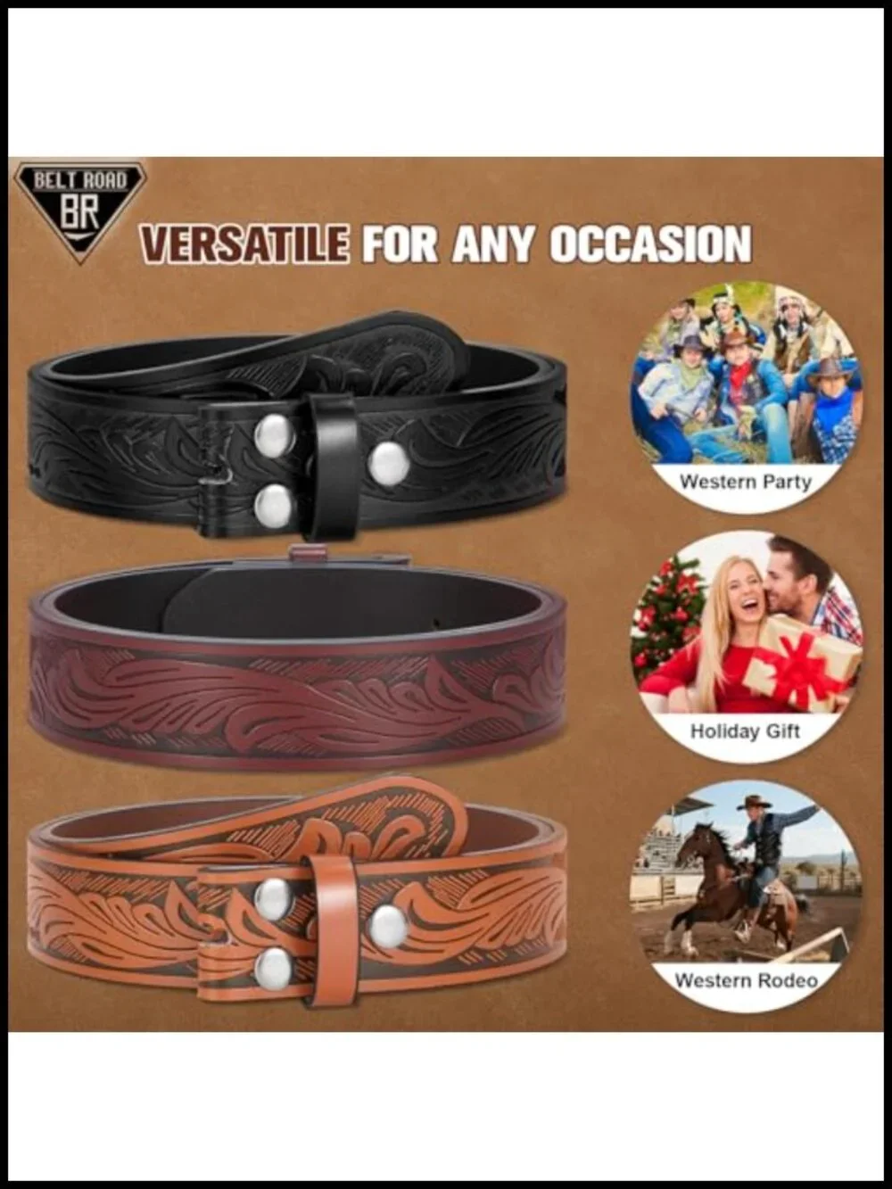 3 Pack Western Belts Without Buckle for Men Women Cowboy Leather